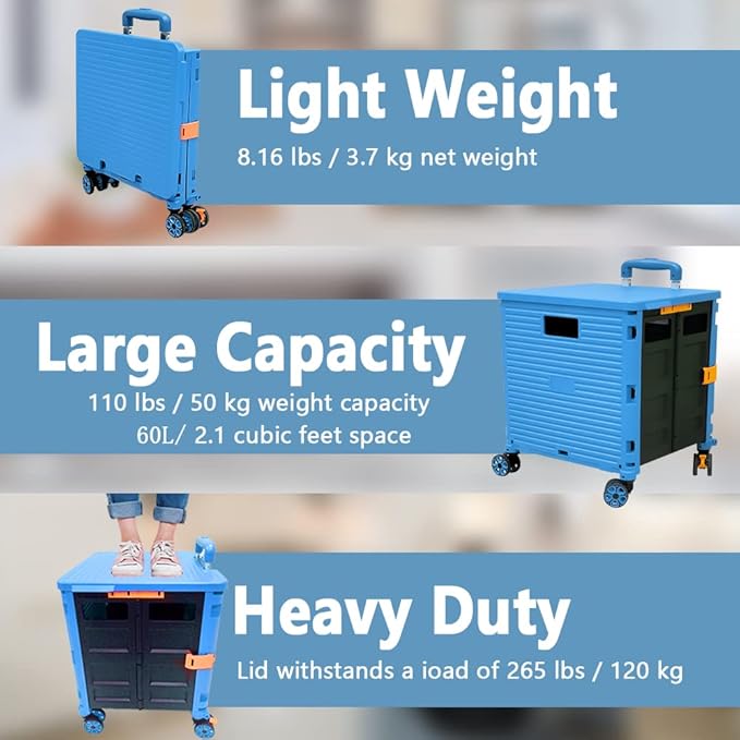 FELICON SELORSS Foldable Utility Cart Folding Portable Rolling Crate Handcart with Durable Heavy Duty Telescoping Handle Collapsible 4 Rotate Wheels for Travel Shop Move Luggage Laundry (Light Blue)