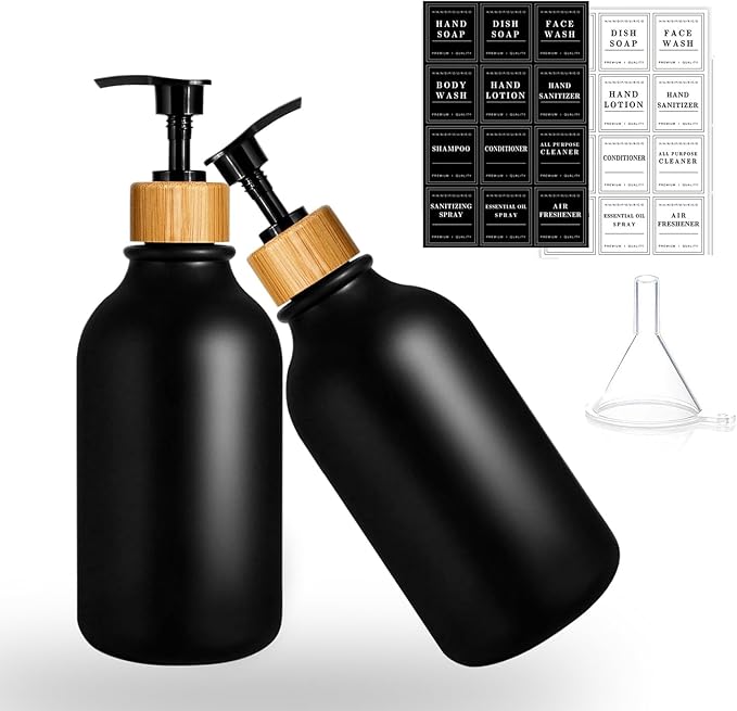 2PACK 16.9Oz Soap Dispenser Bottle, Bamboo Lid Soap Bottle with Anti-Rust Pump, Hand Dish Soap Dispenser for Kitchen, Shampoo Lotion Black Soap Dispensers for Bathroom