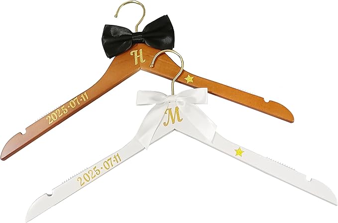 Personalized Bride Hanger for Wedding Dress Wooden Wedding Dress Hangers, DIY Your Name, Title, and Wedding Date,Set of 2(White + Vintage)