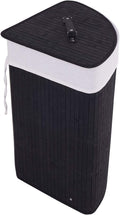 GOFLAME Corner Bamboo Laundry Hamper with Lid and Removable Liner, Washing Clothes Basket Storage Bin with Handle, Suitable for Bedroom, Bathroom, Laundry (Black)