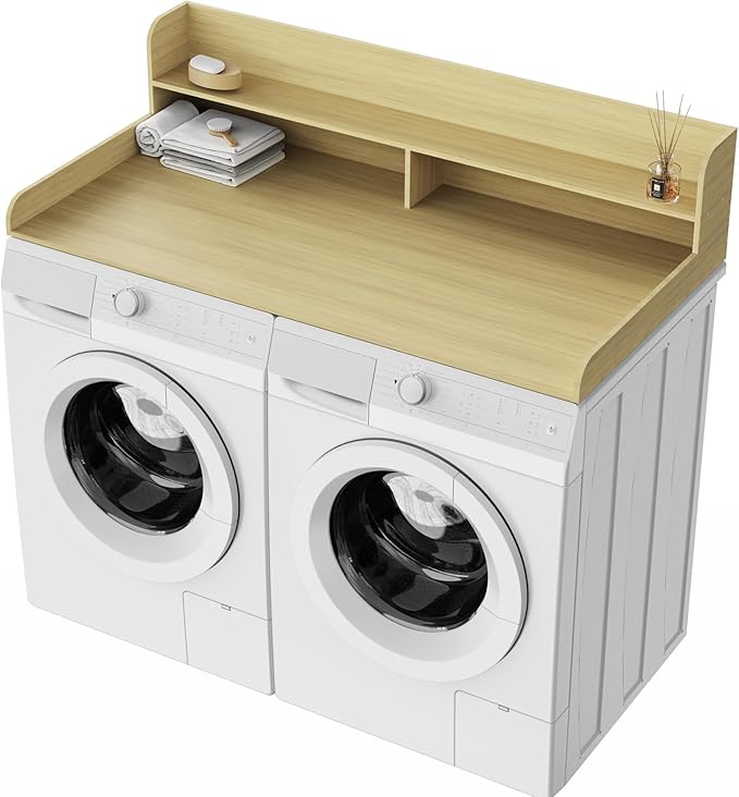 Fabuday 2-Tier Wood Washer Dryer Countertop with Shelf - Two Layers Laundry Topper for Storage & Organization, 54''x27.5''x11.9'' Counter Table with Edge Over Washing & Dryer, White Oak