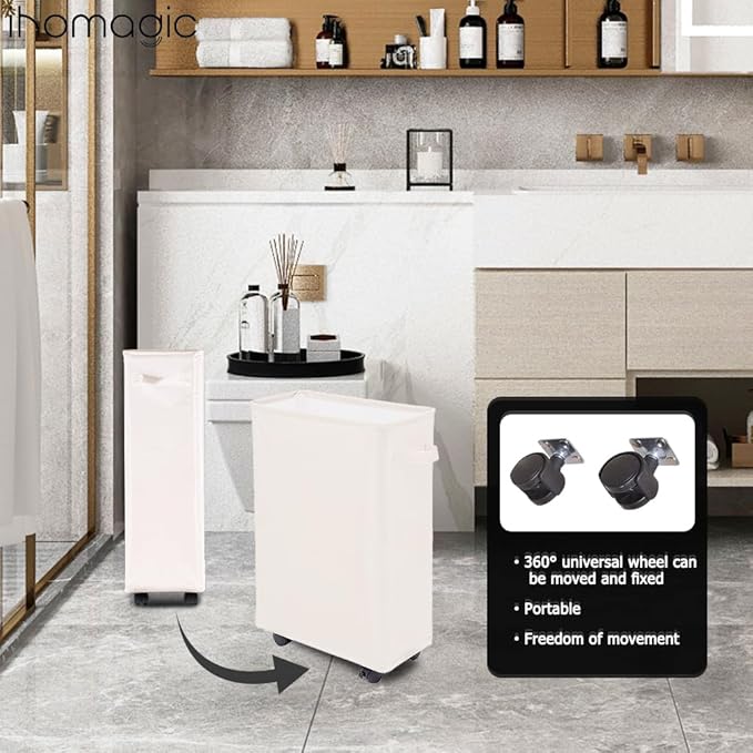 Laundry Basket, Slim Storage Basket with Wheels, Collapsible Rolling Laundry Basket for Clothes, Small Laundry Hamper for Dorm and Laundry Room,Yoga Fitness Storage Organiser, 40L, Beige