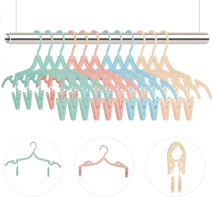 12 Pcs Folding Clothes Hangers, Portable Travel Clothes Hangers with Clips Plastic Non-Slip Pants Skirts Underwear Clothes Hangers Drying Rack for Home Outdoor Travel (Solid Color-12Pcs)