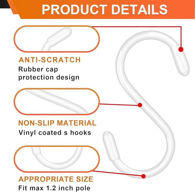 HiGift 12 Pack 3 Inch White S Hooks, Non Slip Vinyl Coated S Hooks for Hanging Plants, Metal Rubber Coated Closet S Hook for Hanging Plant Jeans Clothes Kitchen Pot Pan Cup Towels Bags