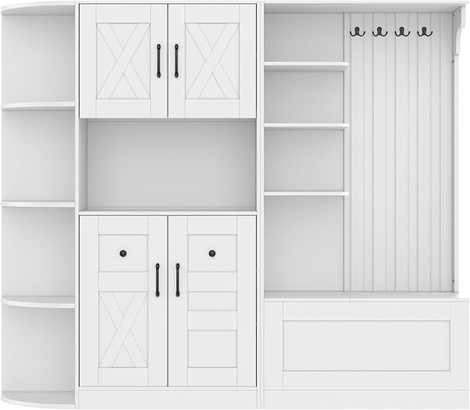 66" H Hall Tree with 4 Hooks, Open Shelving and Flip Hidden Shelf, Multifunctional Left-Right Combination Coat Rack (can be Used Separately), Entryway Bench for Living Room, Hallway