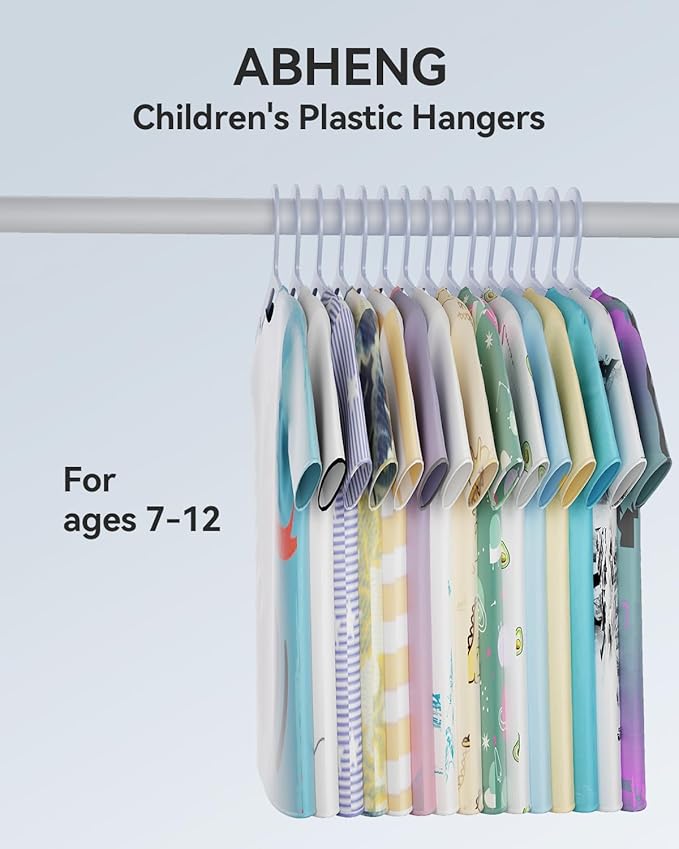 Plastic Kids Hangers, Pack of 100, Ultra Slim Closet Hangers, Non-Slip, Space-Saving, Sturdy, 14" W x 7" H (for Children Aged 7-12 Years), Light Blue, UAPY07100L