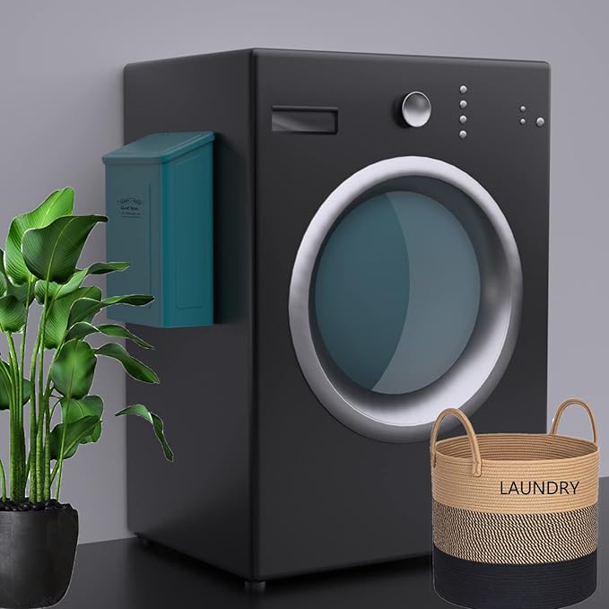 ELITAPRO Lint Holder Bin for Laundry Room - Farmhouse Magnetic Lint Bin with Lid - Wall Mounted Laundry Trash Can for Dryer, Washer - Laundry Room Organization and Storage - Hanging Lint Box (Teal)