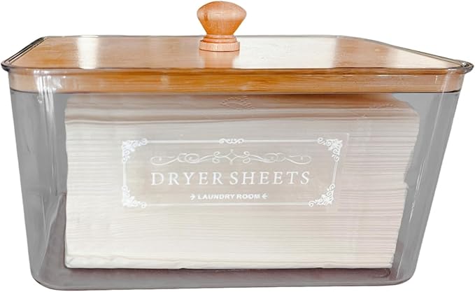 Dryer Sheet Holder with Bamboo Lid,Acrylic Laundry Clear Dryer Sheets Dispenser Container Box for Laundry Room Organization and Storage Holds Sheets,Balls,Clothes Pins,Laundry Pods (1 Pcs/2 Labels)