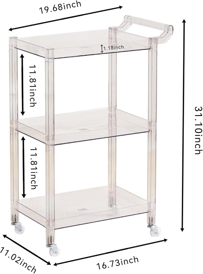 Acrylic-Style Utility Rolling Cart, 3-Tier Clear Storage Cart with Pulling Handle & 4 Wheels for Kitchen Living Room Dining Bathroom Laundry, Multifunction Serving Trolley for Small Spaces(Green)