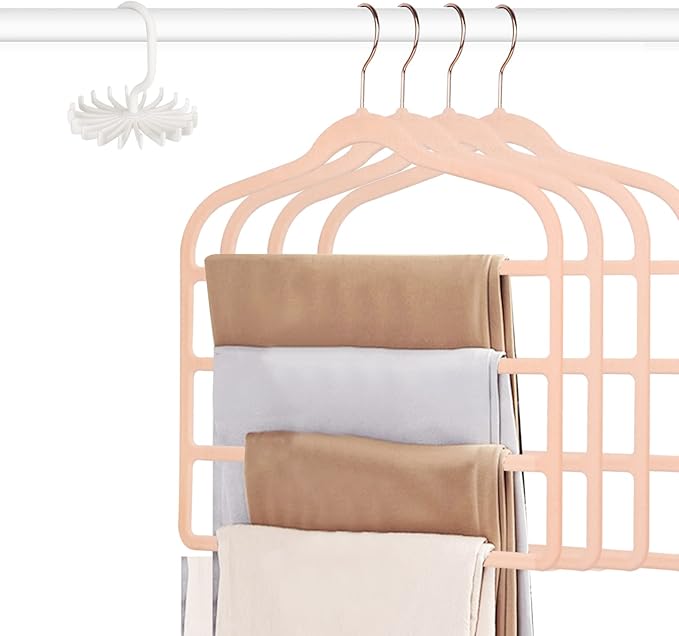 Tinfol Pink Pants Hanger Space Saving, 4pc Non Slip Velvet Clothes Hanger, Clothing Hangers, Multiple Trouser Hangers Closet Storage Organizer for Jeans Scarf Towels Tie Towel