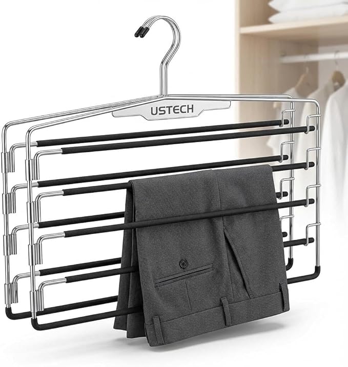 USTECH Arm Pants Hanger-4 Tier, Multi Tier Swing Hanger with Foam Padding & Removable Arm, Storage Organizer, Pack of 2