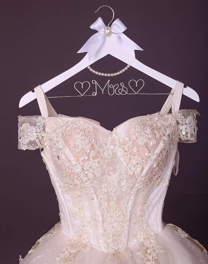 White Solid Wood Bridal Dress Hanger with Lady Wire Lettering for Bridal Wedding Party Gift (Silver Thread and Pearl Chain White Hanger)