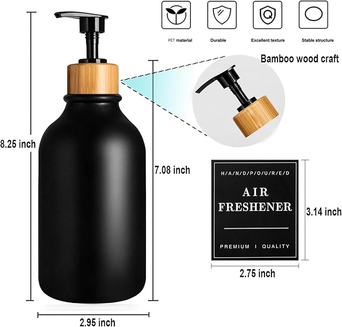2PACK 16.9Oz Soap Dispenser Bottle, Bamboo Lid Soap Bottle with Anti-Rust Pump, Hand Dish Soap Dispenser for Kitchen, Shampoo Lotion Black Soap Dispensers for Bathroom