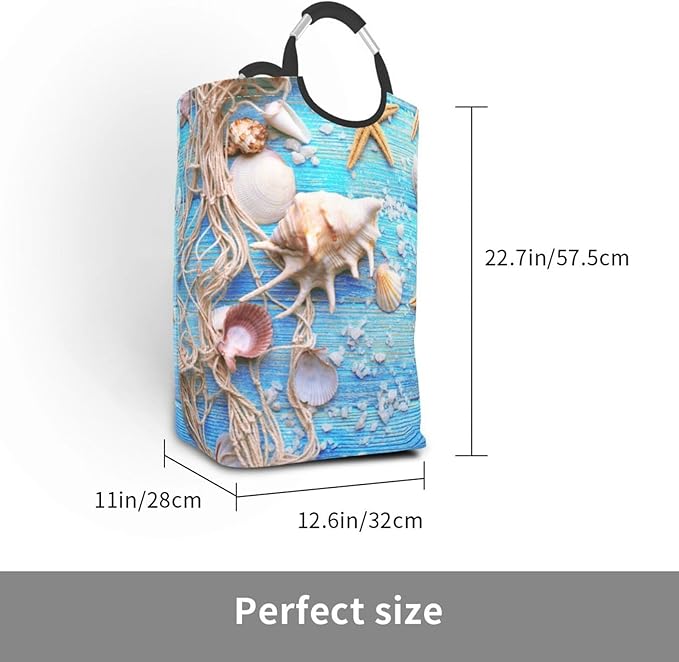 Beach Wooden Starfish Laundry Basket Seashell Laundry Hamper Blue Collapsible Baskets with Handle Laundry Bag Dirty Clothes Hamper Bag for Dorm Family Bathroom Decor Storage 50L