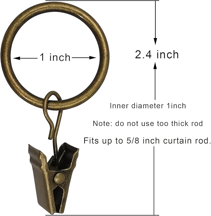 44 Pack Bronze Curtain Rings with Clips, Curtain Hooks Hangers Clip Rings for Hanging Drapes Bows Hat, Drapery Rings 1 in I D, Fits up to 5/8 in Diameter Curtain Rod.