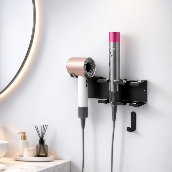 Hair Tool Organizer Wall Mount, Stainless Steel Curling Iron Holder Wall Mount, Hair Dryer and Straightener Holder 3-in-1 Storage for Bathroom Vanity Salon Black PTALSEAW