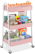 Sekey 3 Tier Rolling Cart Metal, Easy Install Utility Cart on Wheels, Heavy Duty Storage Cart with Lockable Wheels for Baby Nursery, Bathroom, Kitchen, Laundry Room, Pink