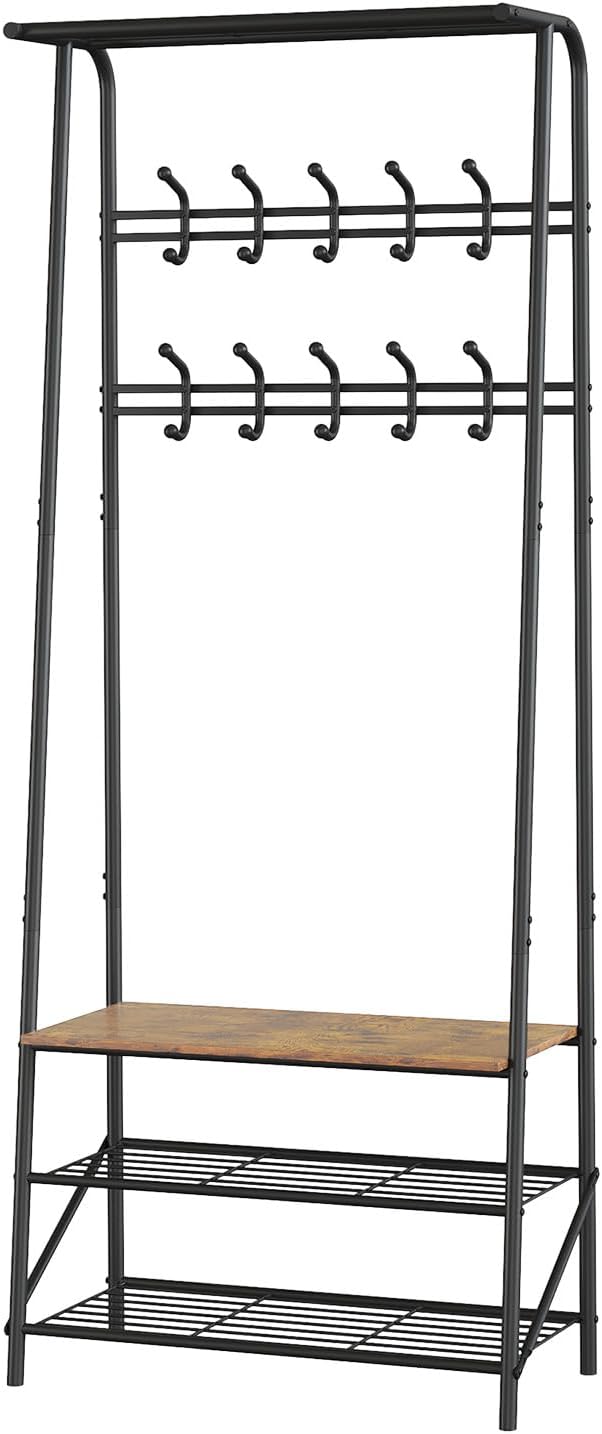 Coat Rack Shoe Bench with Double-Row 10 Hooks 60cm Width, 3-Tier Shelf Entryway Hall Tree with Storage, Metal Frame Multifunctional Organizer, 4-in-1 Coat Rack for Bathroom, Hallway.Brown.