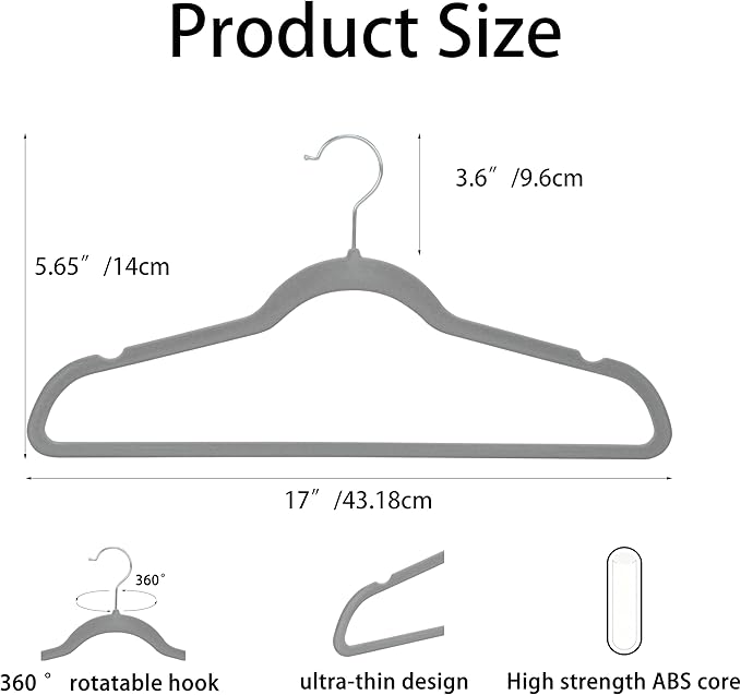 Velvet Hangers 50 Pack, Non Slip Clothes Hanger Felt Hanger with Pants Bar, Premium Quality Slim Space Saving Suit Hangers for Closet Organizer, Heavy Duty Coat Hanger, 360° Rotating Hook(Gray)