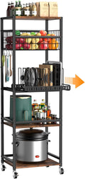 Housolution 5 Tier Kitchen Rolling Cart, Storage Cart with Metal Fruit Vegetable Basket and Pull-Out Pot Lid Cutting Board Organizer, Storage Rack with Wooden Top for Kitchen, Pantry, Bathroom