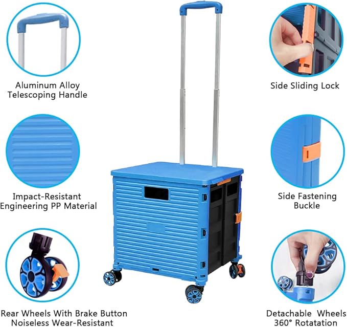 FELICON SELORSS Foldable Utility Cart Folding Portable Rolling Crate Handcart with Durable Heavy Duty Telescoping Handle Collapsible 4 Rotate Wheels for Travel Shop Move Luggage Laundry (Light Blue)