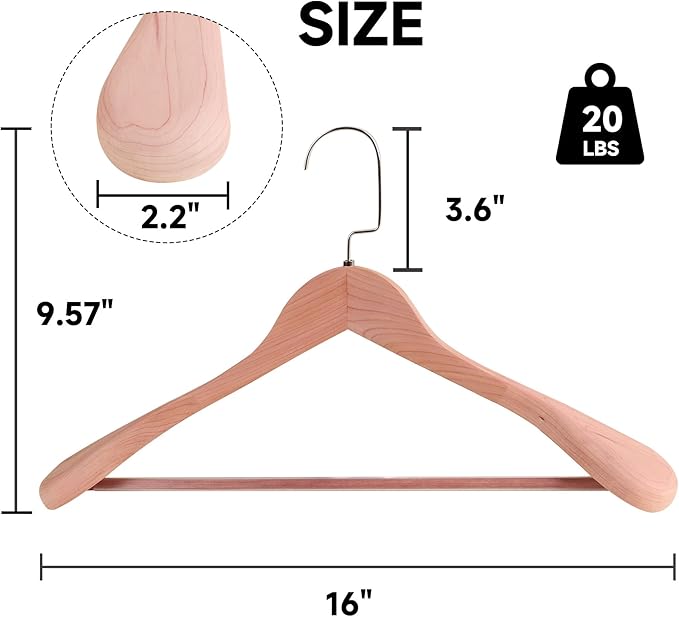 16-Inch Wooden Suit Hangers with Non Slip Pants Bar, 6-Pack Wood Extra-Wide Shoulder Hangers, Flat-Head Hook Hangers for Suits, Coats, Jackets, Shirts, Pants, and Heavy Clothes (Cedar Wood)
