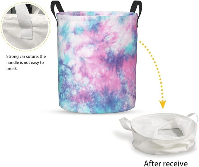 Dujiea Pastel Blue Pink Tie Dye Laundry Basket Round with Handle, Collapsible Foldable Canvas Storage Bin Dirty Clothes Bag for Laundry/Toys Organizer/College Dorm/Nursery/Decor(2 Sizes)