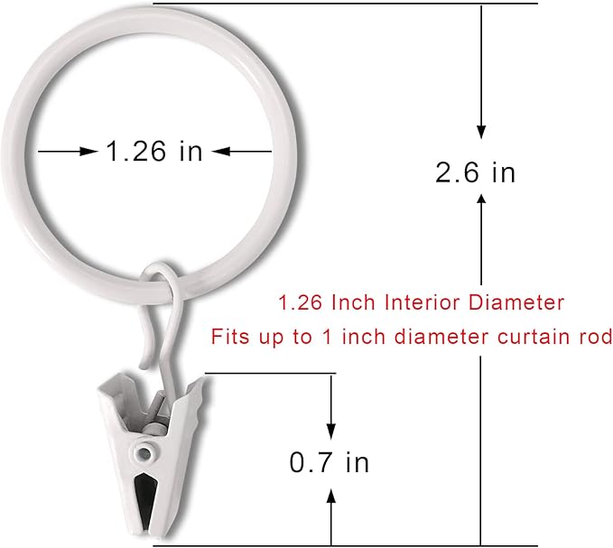 40 Pack White Curtain Rings with Clips, Curtain Hooks Hangers Clip Rings for Hanging Drapes Bows Hat, Drapery Rings 1.26 in I D, Fits up to 1 in Diameter Curtain Rod.