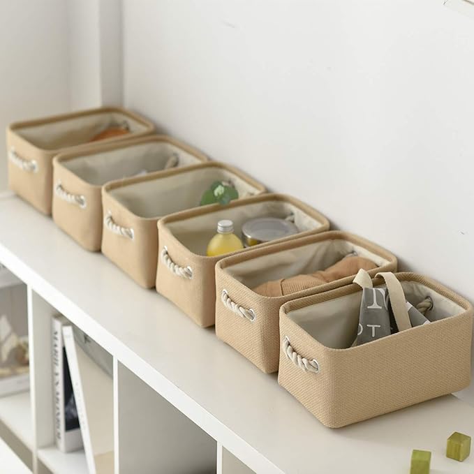 TheWarmHome Storage Basket for Organizing - Small 6 Pack 11.8x7.8x5.2 inch Fabric Storage Cubes with Cotton Rope Handle, Collapsible Storage Bins Baby Storage Toy Nursery (Beige)