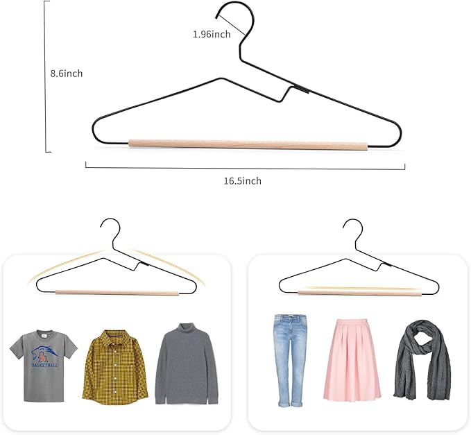 Nature Smile Premium Black Matt Metal Suit Clothes Hanger 20 Pack with a Smooth Beech Wood Pants Bar,Unique Coat Hanger Dress Hanger Shirt Hanger