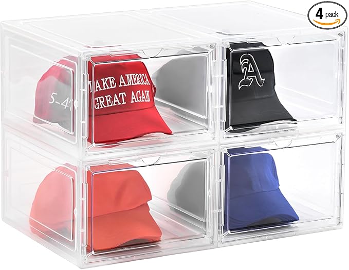 Hat Organizer Box, Clear Baseball Caps Holder, Stackable, Magnetic Door, Dustproof, Modern Style, Holds 40 Hats (Clear, 4 Pack)