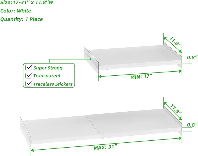 SANNO Closet Shelf Organizer and Storage, Adjustable 17-31" Tension Shelf with Heavy-Duty Adhesive - DIY Expandable Shelf Dividers for Cabinet, Pantry, Wardrobe, Kitchen, 2 Pack