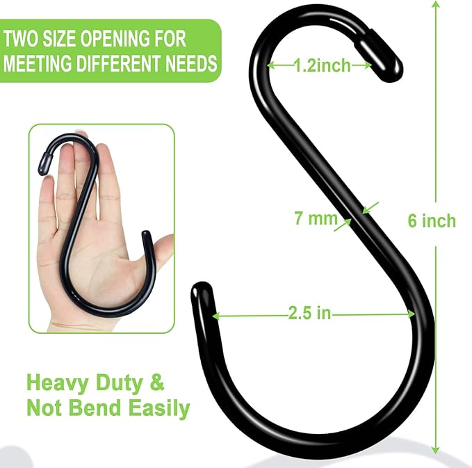 12 Pack 6 Inch Heavy Duty Large S Hook Vinyl Coated S Hooks for Hanging Plants,7mm Thickness Non Slip Sturdy Metal Black Jean Hooks for Closet,Bird Feeders,Kitchen,Large Object,Tools,Bikes
