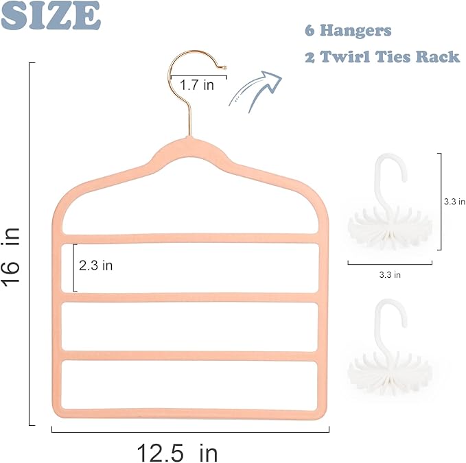 Tinfol Velvet Pants Hanger Space Saving with Hook, 6pc 4 Layers Non-Slip Jeans Hangers, Pink Multiple Clothes Hangers Closet Storage Organizer forJeans Scarf Towels Tie Towel