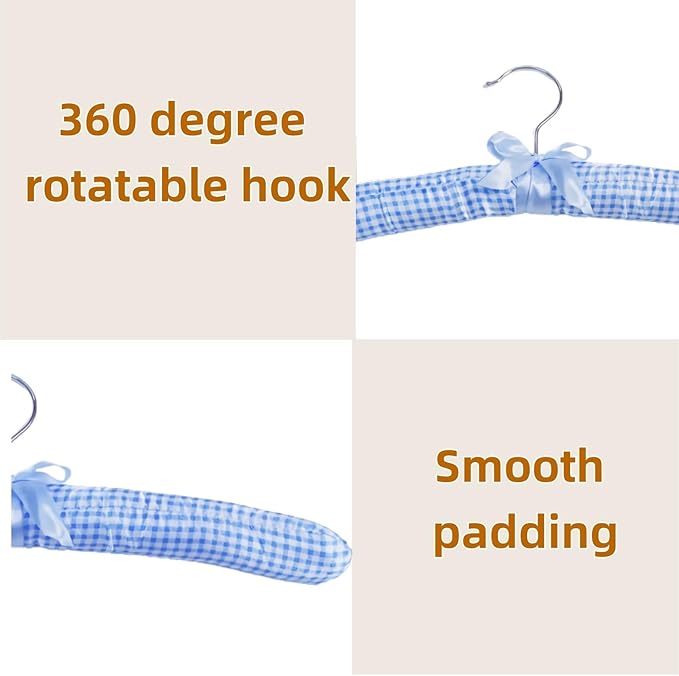 Plaid Pattern Padded Hangers for Women Clothing,Satin Hangers Padded Bride Hanger for Wedding Dress Soft Padded Hanger for Sweaters Coat Clothes (5, Blue)