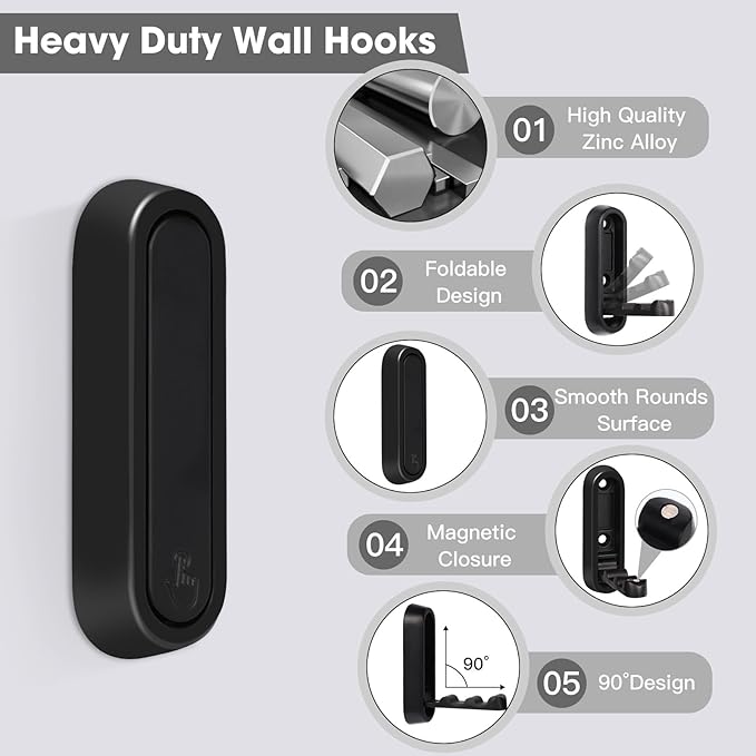 Folding Coat Hooks, 6 Pcs Foldable Black Wall Hooks Heavy Duty Foldable Hook Bathroom Towel Hooks Robe Hooks Wall Mounted for Hanging Coat Towels Clothes Hat Bags Keys