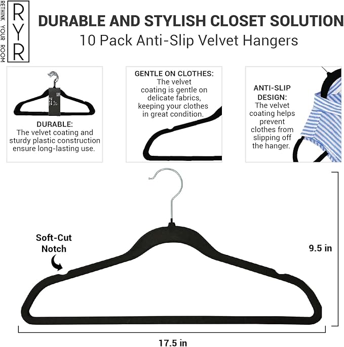 10 Pack Velvet Hangers - Non-Slip and Space-Saving Closet Organizers - Durable Soft-Touch, Black Hangers for Clothes, Coats, and Wardrobe Essentials Luxury, Ganchos De Ropa, Gift