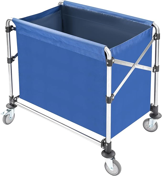 Commercial Laundry Cart with Wheels, 440lbs Rolling Laundry Basket, Heavy Duty Folding Laundry Cart with Oxford Cloth Hamper, 34.25 * 20.47 * 30.7in for Home, Dorm, Hotel, and Commercial Use (Blue)