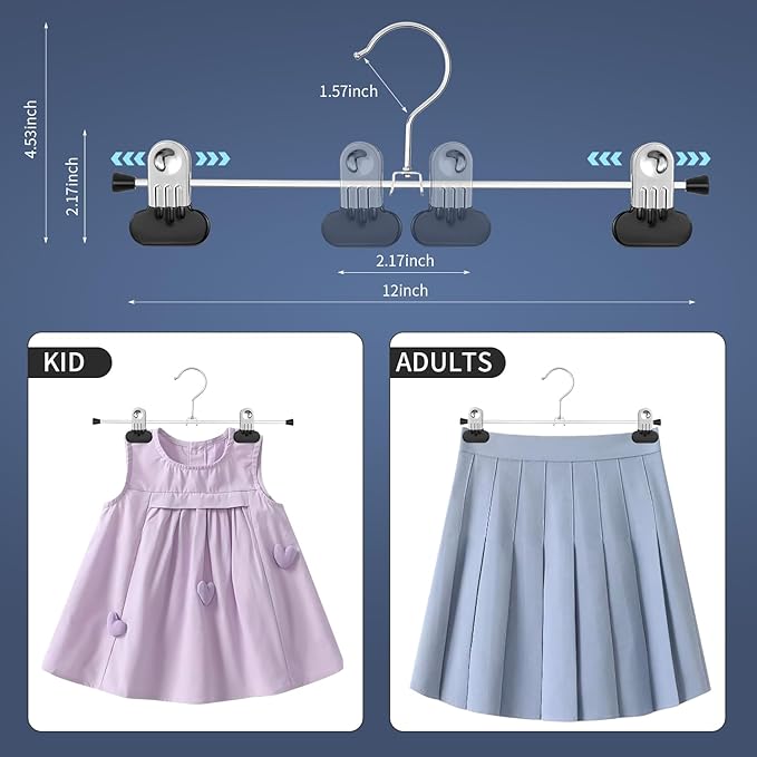 Pants Hangers with Wide Clips 30 Pack Adjustable Skirt Hangers for Women Non-Slip Clothes Hanger for Pants Heavy Duty Space Saving Trousers Hanger for Jeans,Shorts Black,12Inch