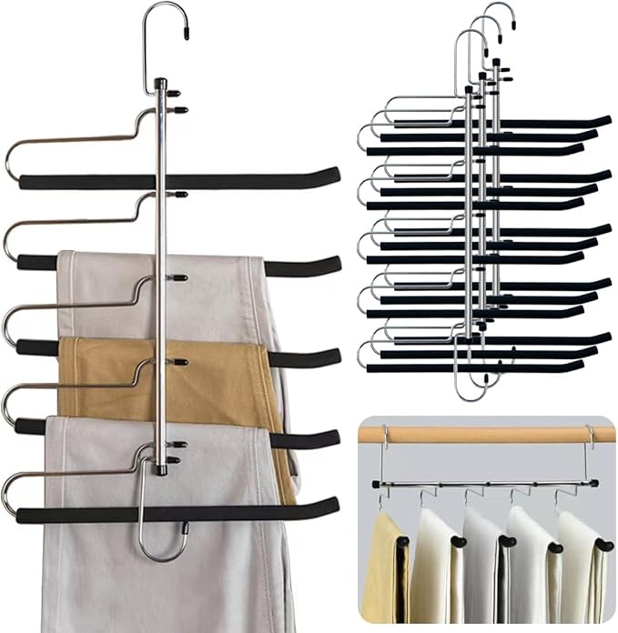 4 Pack Magic Pants Hangers Space Saving Heavy Duty Slacks Jeans Trouser Hanger, Non-Slip Foam Padded 5 Layers, Multi-Purpose Premium Metal Closet Organizer for Leggings