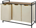 Pull Out Laundry Hamper 3 Compartment Laundry Sorter with Shelf 3 Section Laundry Basket with 3 x 16 Gallons Removable Bags for Laundry Room Bathroom and Dorm, Beige