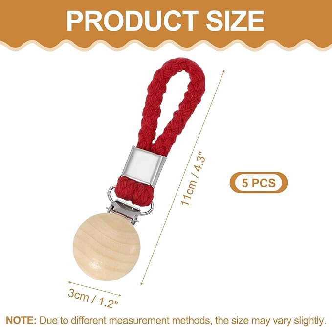uxcell 5 Pcs Tea Towel Clips with Cotton Loop for Hanging, 4.3 Inch Metal Towel Hooks Multipurpose Cloth Hangers for Home Kitchen Bathroom, Red(Wooden)