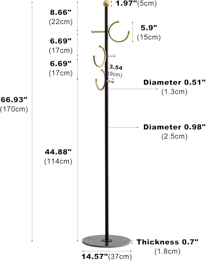 Coat Rack Freestanding Metal Corner Clothing Rack with Round Marble Base 8 Hooks Heavy Duty Coat Tree for Hanging Clothes Bag Hats 13.78x13.78x67.72 in (Black)