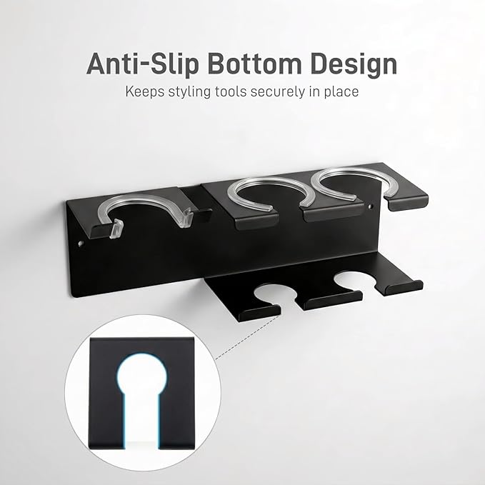 Hair Tool Organizer Wall Mount, Stainless Steel Curling Iron Holder Wall Mount, Hair Dryer and Straightener Holder 3-in-1 Storage for Bathroom Vanity Salon Black PTALSEAW