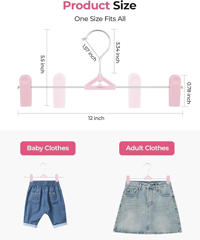 Skirt & Pant Hangers for Women Kid - 30 Pack Pink Space Saving Stackable Skirts Hangers with Clips - Non-Slip, Adjustable for Men, Children, Baby