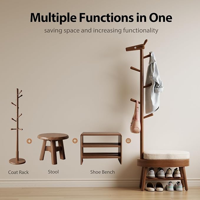 AQIMUELE Shoe Bench Entryway,Coat Rack with Shoe Storage, Coat Rack and Shoe Rack, Wooden Narrow Shoe Bench（Walnut）