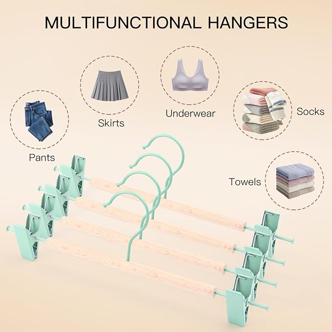 Wooden Pants Hangers with Clips 12 Pack, Heavy Duty Adjustable Clip Non Slip Skirt Hanger for Jeans, Trousers, Short, Clothes, Space Saving Closet Organizer (Green, 12 Pack)