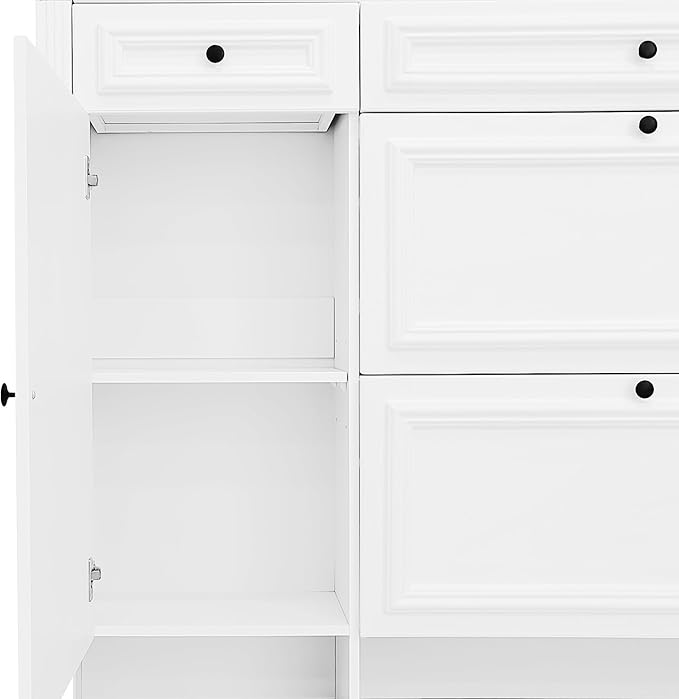 54.7'' Hall Tree with Integrated Shoe Cabinet and Mirrored Cabinet Door, 4-in-1 Design Entryway Coat Hanger with 2 Flip Drawers, 4 Hooks and 2 Cabinets for Entrance Living Room
