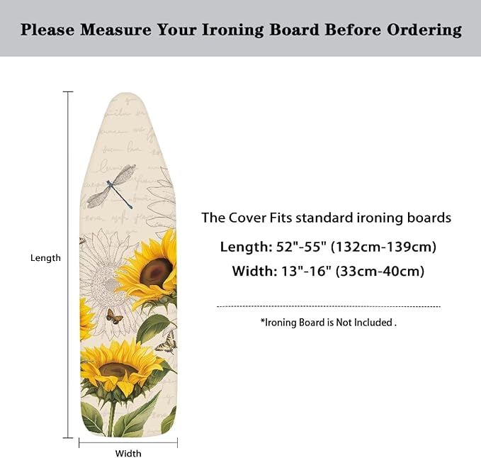 Sunflower Ironing Board Cover and Pad, Dragonfly Iron Board Cover Non-Slip Thick Ironing Board Protective Guard Stretchy Cover, 54" x 15"