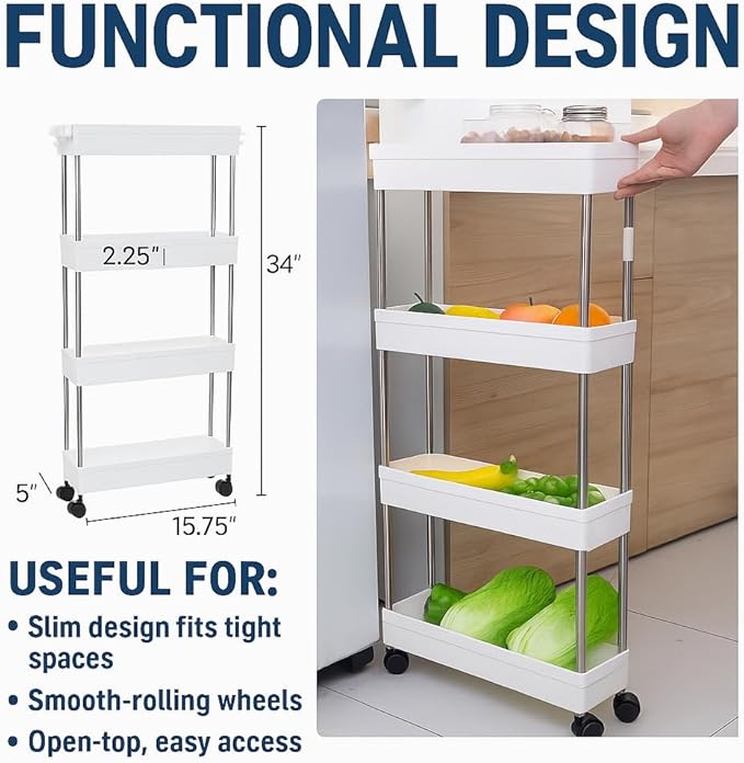 Modern Home 4-Tier Rolling Storage Cart with Bins – Slim Organizer for Bathroom, Kitchen, Laundry & Pantry – Mobile Utility Shelves with Wheels